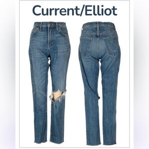 Current/Elliott “The Vintage Cropped Slim” Distressed Blue Jeans